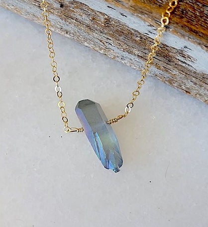 Single Mystic Grey Qtz Crystal Pendant Necklace