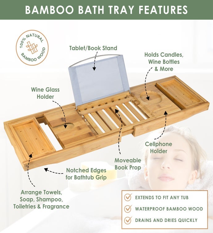 Premium Bamboo Bathtub Caddy Tray Gift With Scented Bath Bombs