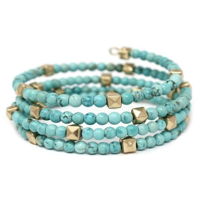 Turquoise & Gold Beaded Memory Wire Coiled Bracelet