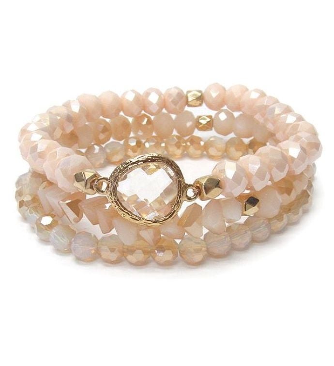 L/pink Multi Facet Crystal Bead & Champagne Qtz Stretch Bracelet – Set of 3