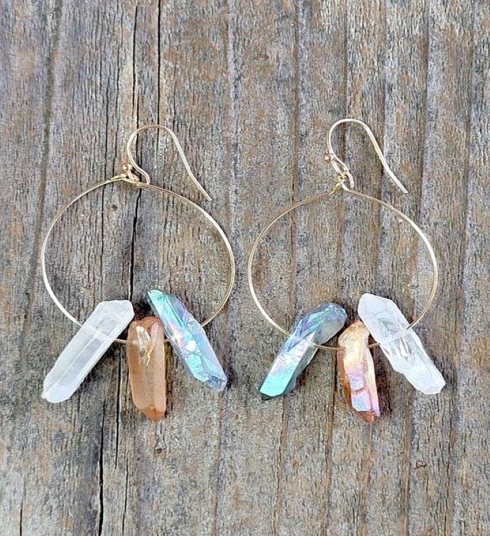 Gold Hoop Dangle Earring W/ Mystic Grey Rainbow & Peach Qtz