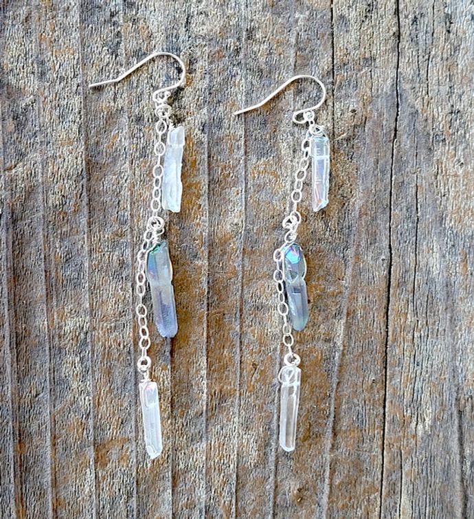 Silver Chain Earring W/ Mystic Grey & Rainbow Qtz
