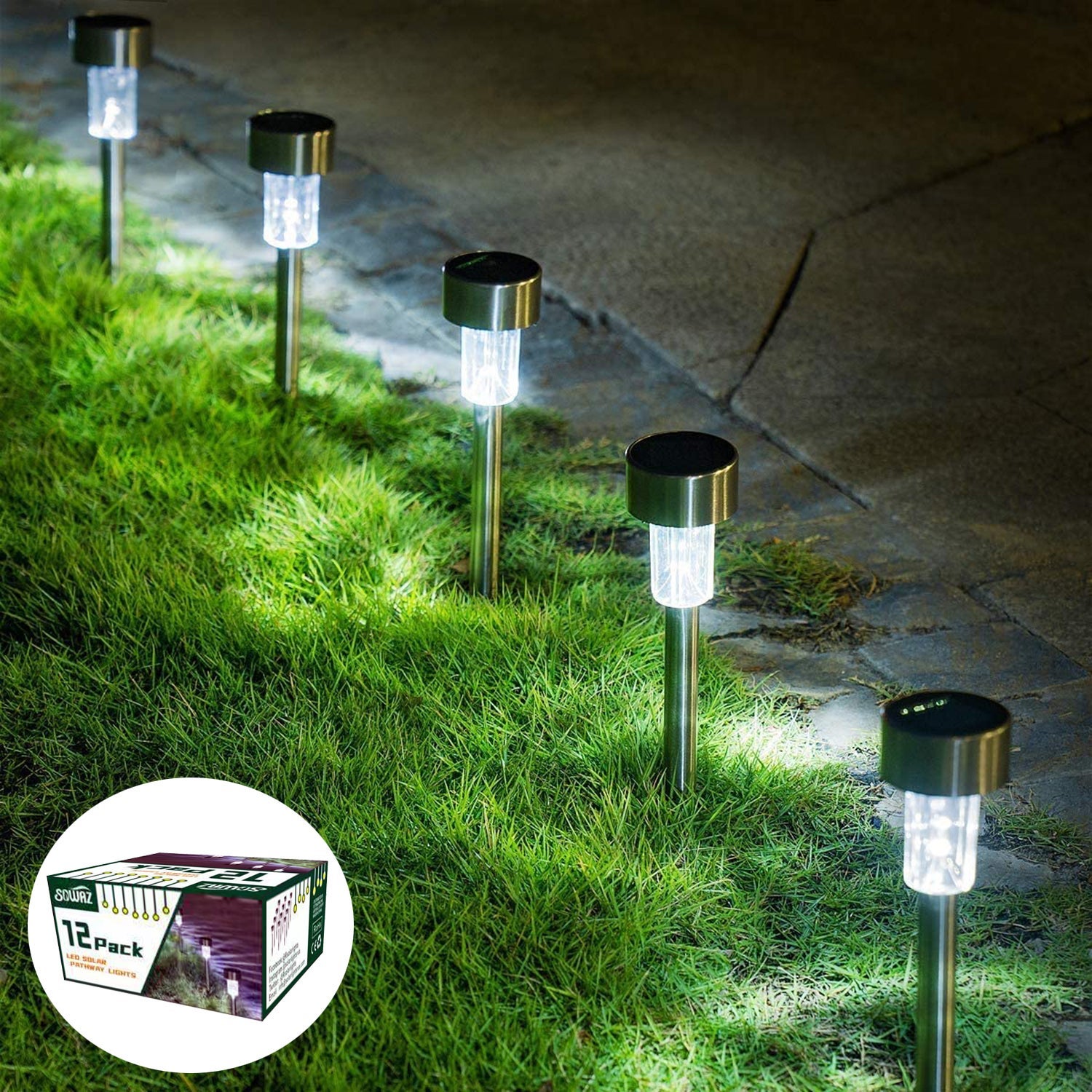 12 Pks Stainless Steel Solar Outdoor Pathway Led Lights   Cool White