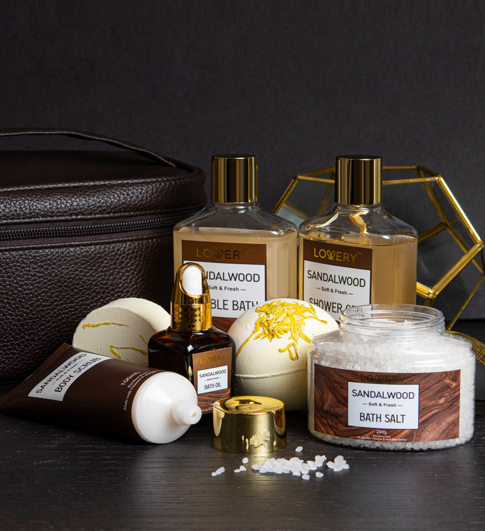 Premium Spa Kit for Him, Sandalwood Bath Gift Set in leather Cosmetic Bag