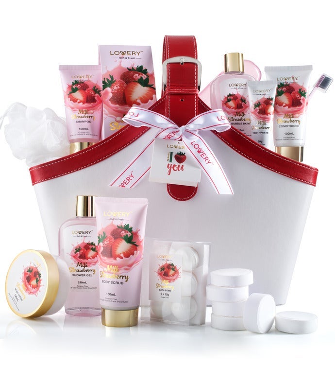 Lovery Strawberry Milk Scented Bath & Shower Package in Leather Tote