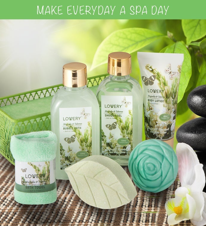 Home Spa Gift Basket - Magnolia & Tuberose Scent - 7 Piece Bath & Body Set