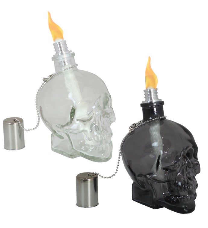 Grinning Skull Glass Tabletop Torches   Clear And Black