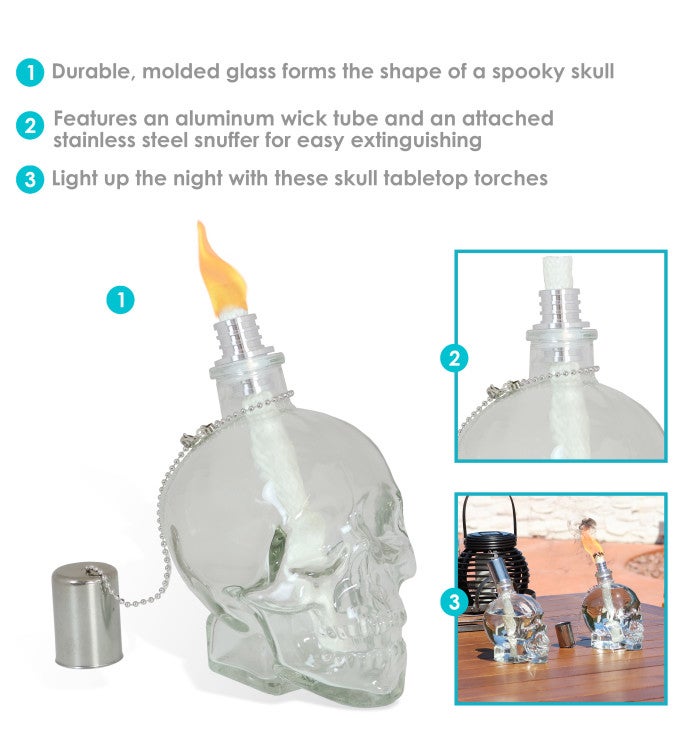 Grinning Skull Glass Tabletop Torches - Clear