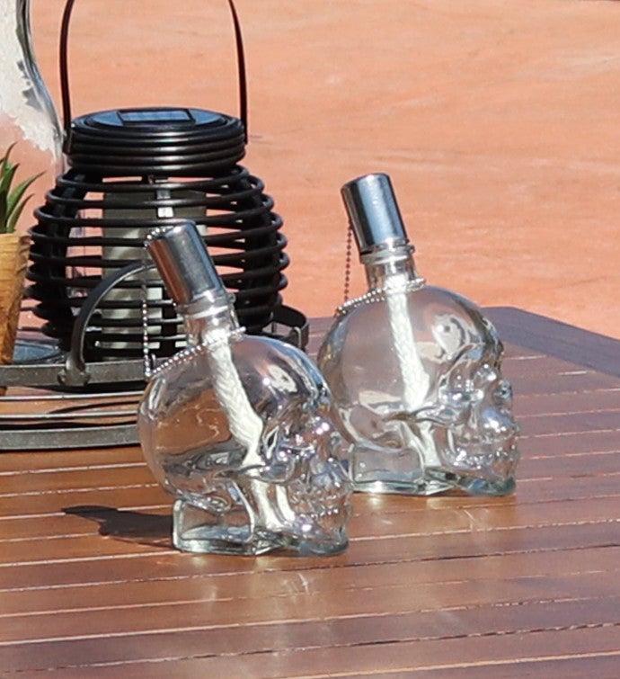 Grinning Skull Glass Tabletop Torches - Clear