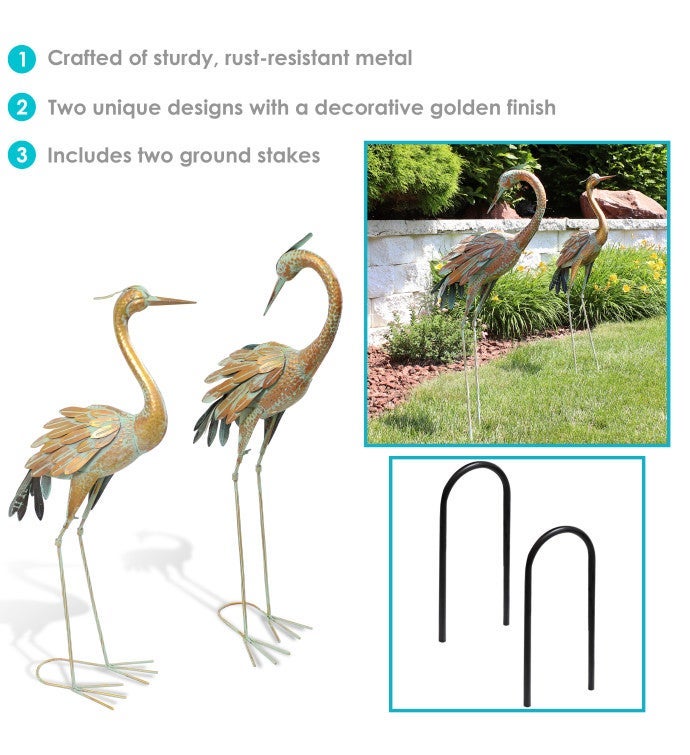 Golden Crane Metal Outdoor Elegant Garden Statue - 2 Statues