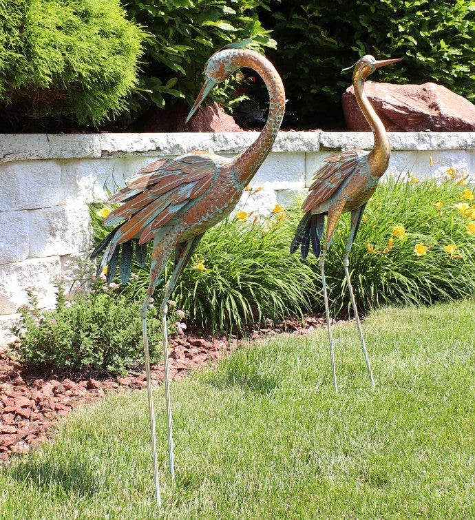 Golden Crane Metal Outdoor Elegant Garden Statue - 2 Statues