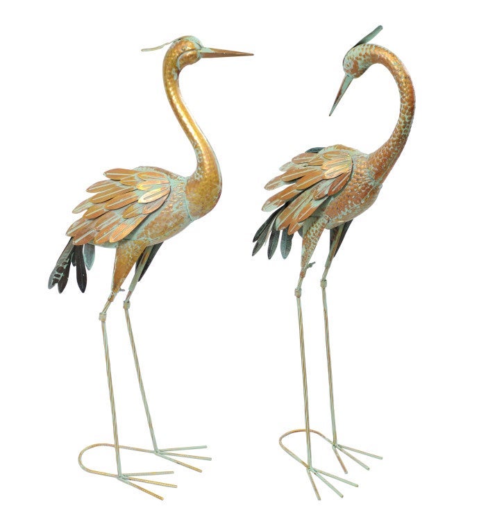 Golden Crane Metal Outdoor Elegant Garden Statue   2 Statues