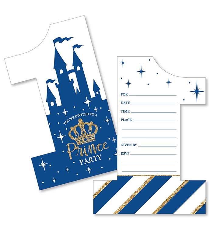 1st Birthday Royal Prince Charming Shaped Fill in Invites & Envelopes 12 Ct