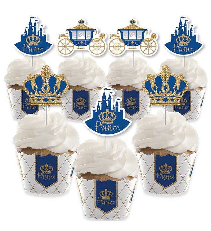 Royal Prince Charming Party Decor Cupcake Wrappers & Treat Picks Kit 24 Ct