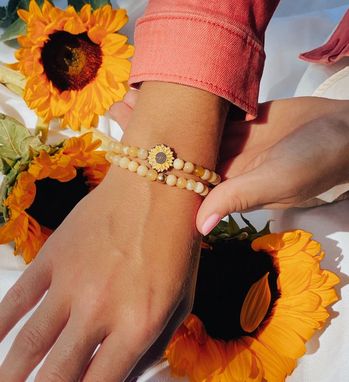 Luca + Danni Sunflower Stretch Bracelet With Crazy Lace Agate Beads