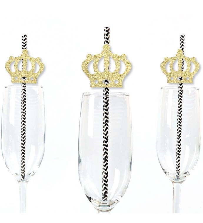 Gold Glitter Prince Party No mess Real Glitter Cut outs Paper Straws 24 Ct