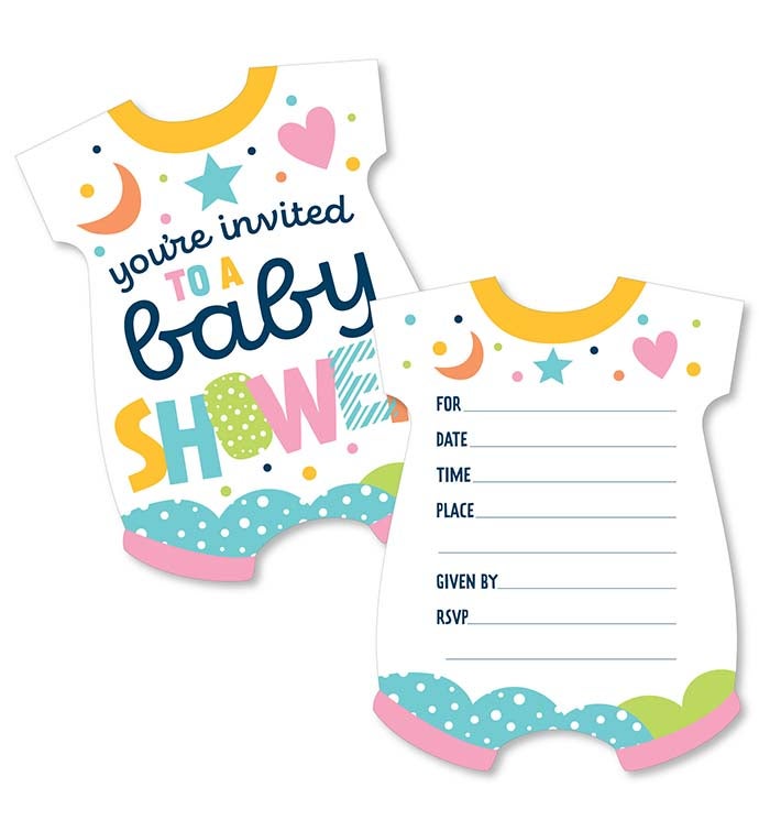 Colorful Baby Shower   Shaped Fill in Invitations With Envelopes   12 Ct