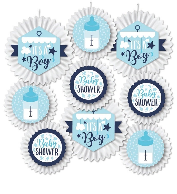 It's A Boy   Hanging Blue Baby Shower Tissue Decoration Kit Paper Fans 9 Ct