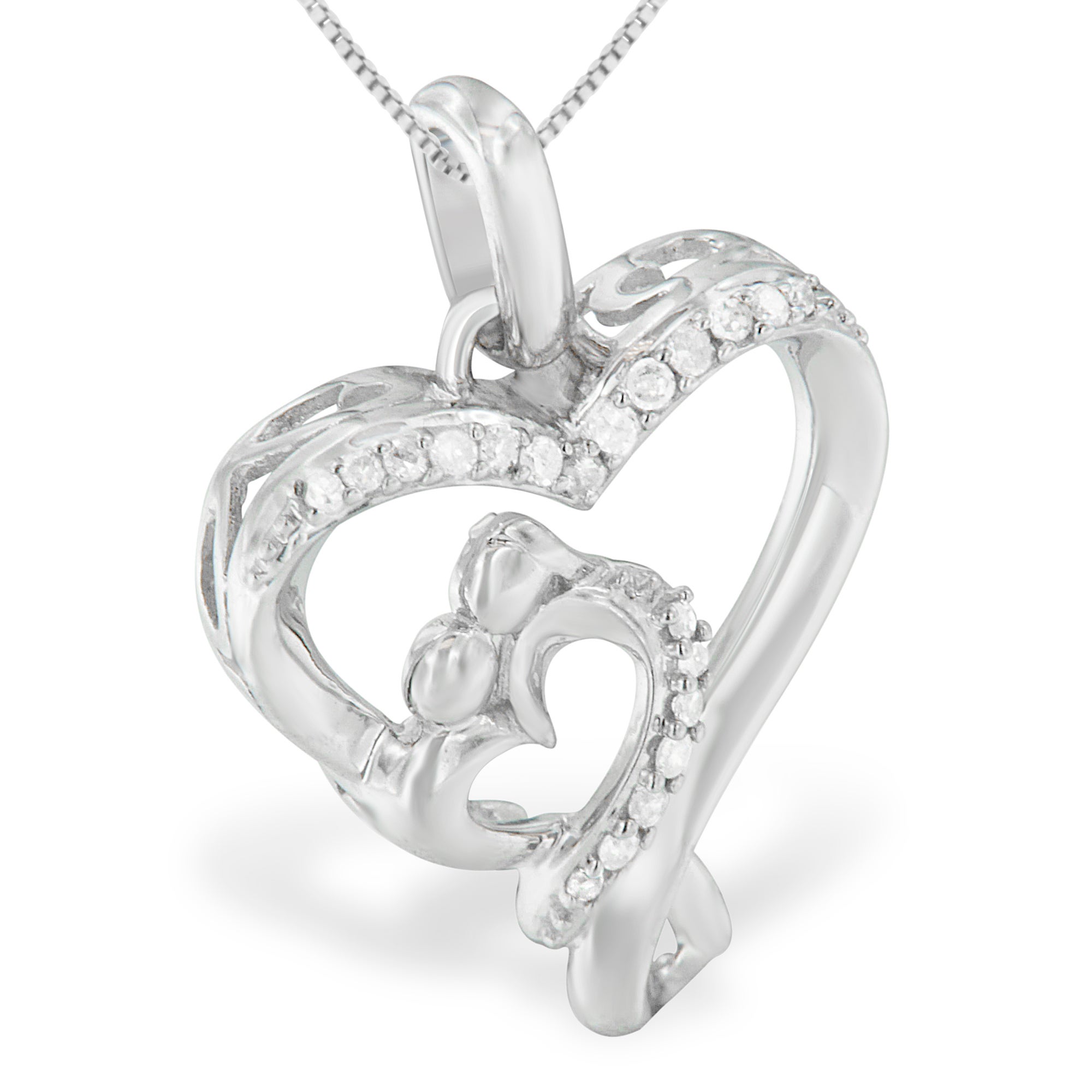 .925 Sterling Silver 1/10 Cttw Diamond Mother Child Heart Pendant Necklace