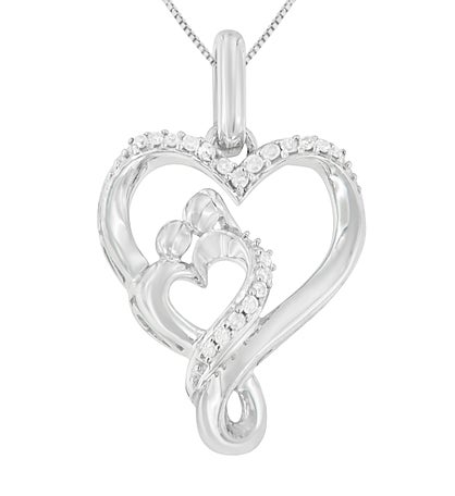.925 Sterling Silver 1/10 Cttw Diamond Mother Child Heart Pendant Necklace