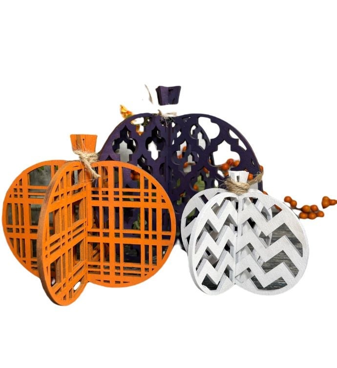 Set Of 3 Fall Wood Pumpkins- Purple, Orange White