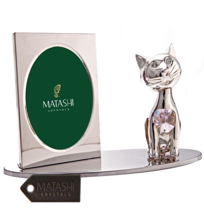 Matashi Silver Plated Picture Frame W Crystal Cat Figurine On A Base