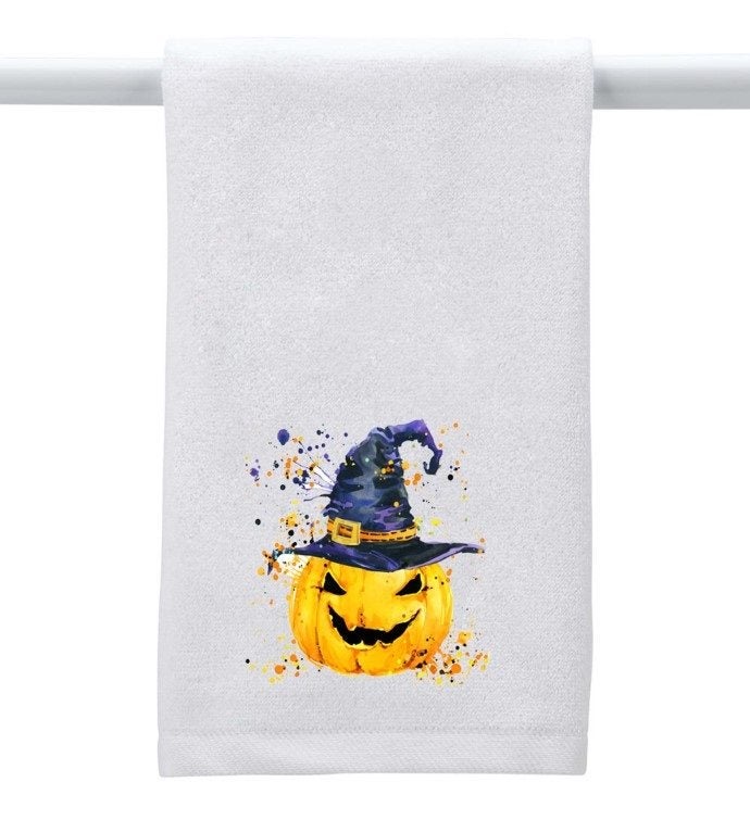 26" White Hand Towel With Pumpkin Witch Hat Design