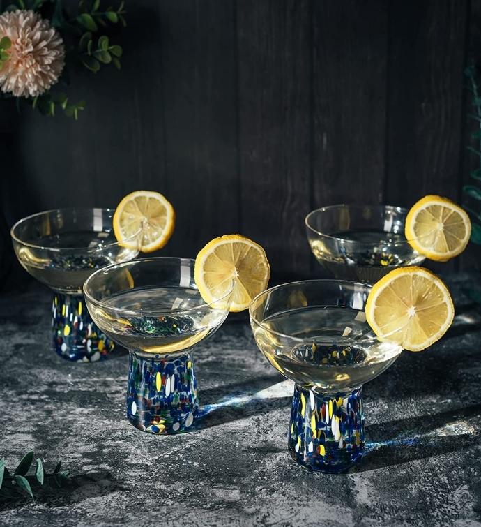 Set Of 4 Hand Blown Margarita Confetti Bottom Rock Glasses 12 Oz