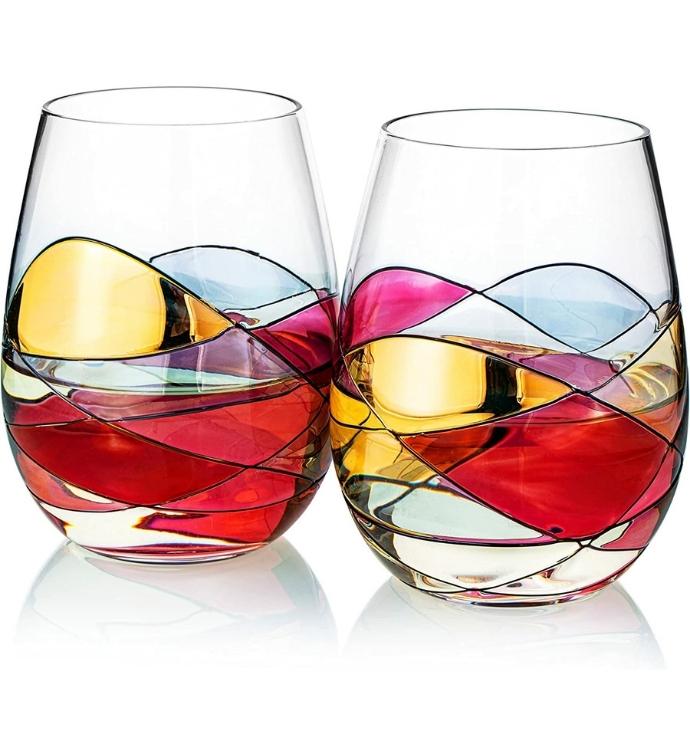 Renaissance Romantic Stain glass Window Hand Painted Stemless Wine Glasses