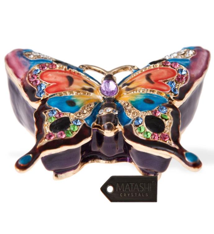 Matashi Hand Painted Butterfly In Flight Ornament/trinket Box W Crystals