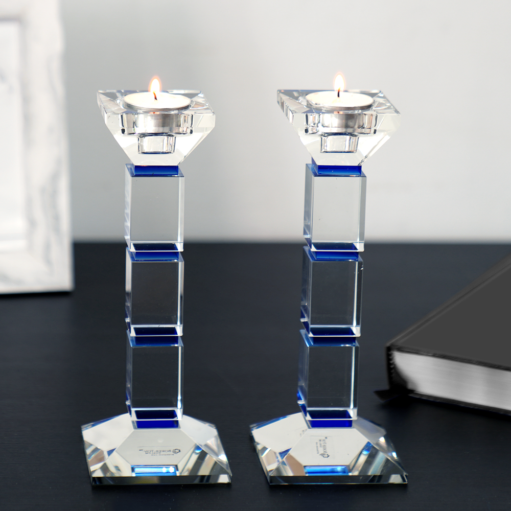 Crystal Candlesticks With Blue Square Design Set Of Two