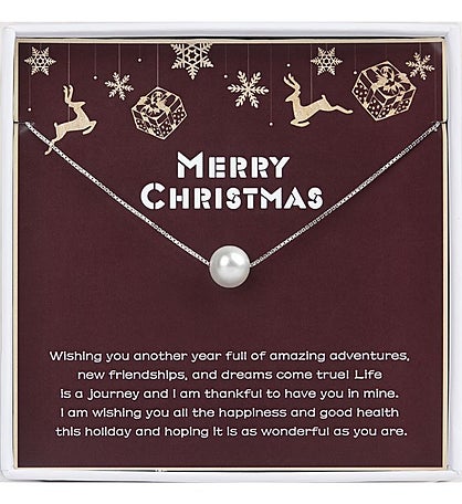 Merry Christmas White Pearl Pendant Silver Necklace