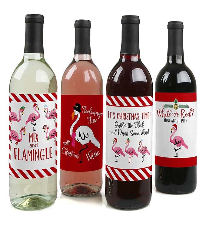 Flamingle Bells   Tropical Christmas Wine Bottle Label Stickers   4 Ct