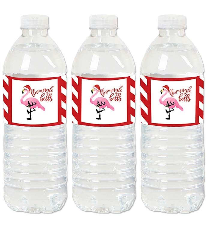 Flamingle Bells   Tropical Christmas Water Bottle Sticker Labels   20 Ct