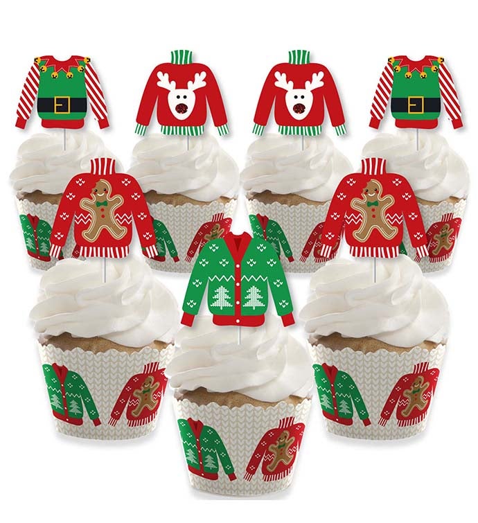 Ugly Sweater   Christmas Party Cupcake Wrappers & Treat Picks Kit   24 Ct