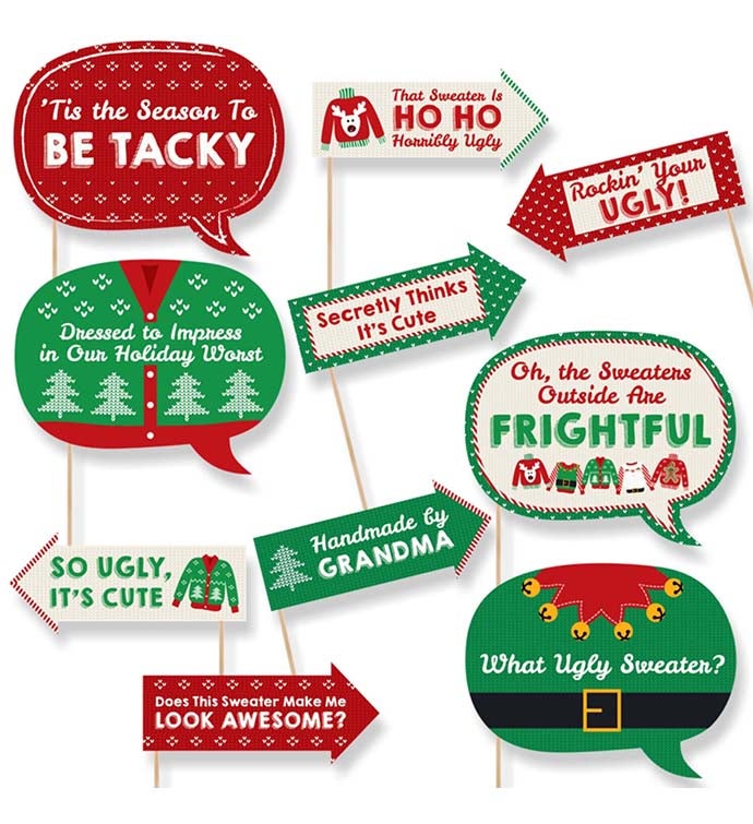 Funny Ugly Sweater   10 Piece Holiday & Christmas Photo Booth Props Kit