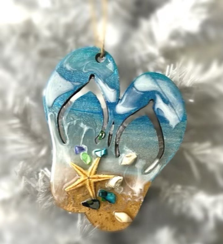 Hand Painted Flip Flop Seascape Ornament