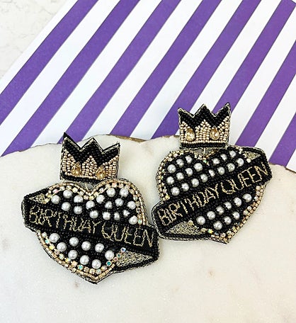 'birthday Queen' Heart Beaded Dangle Earrings 