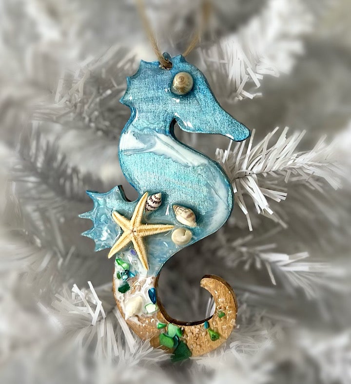Hand Painted Seahorse Seascape Ornament