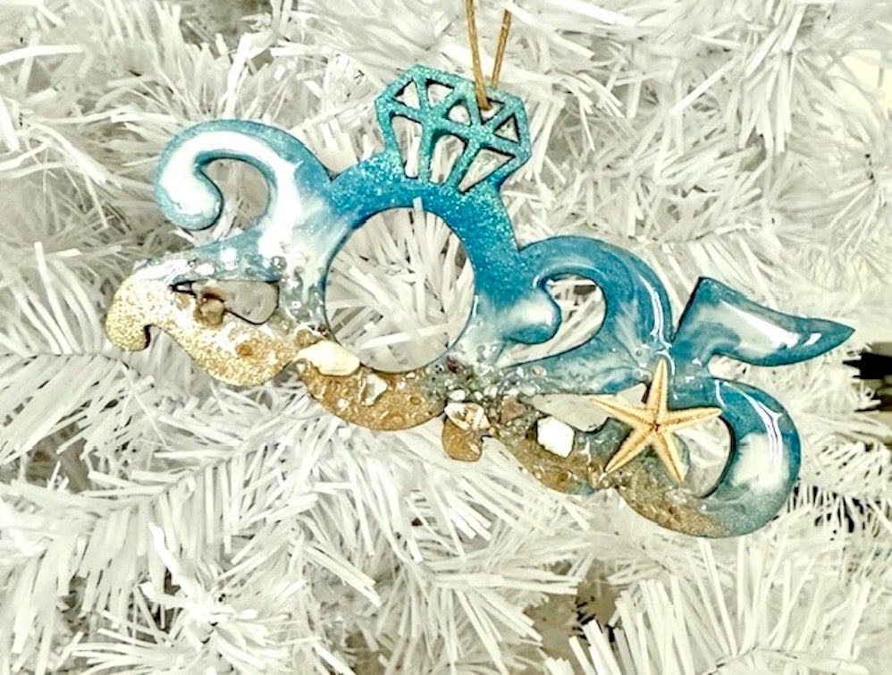 Hand-Painted Engagement 2025 Seascape Ornament