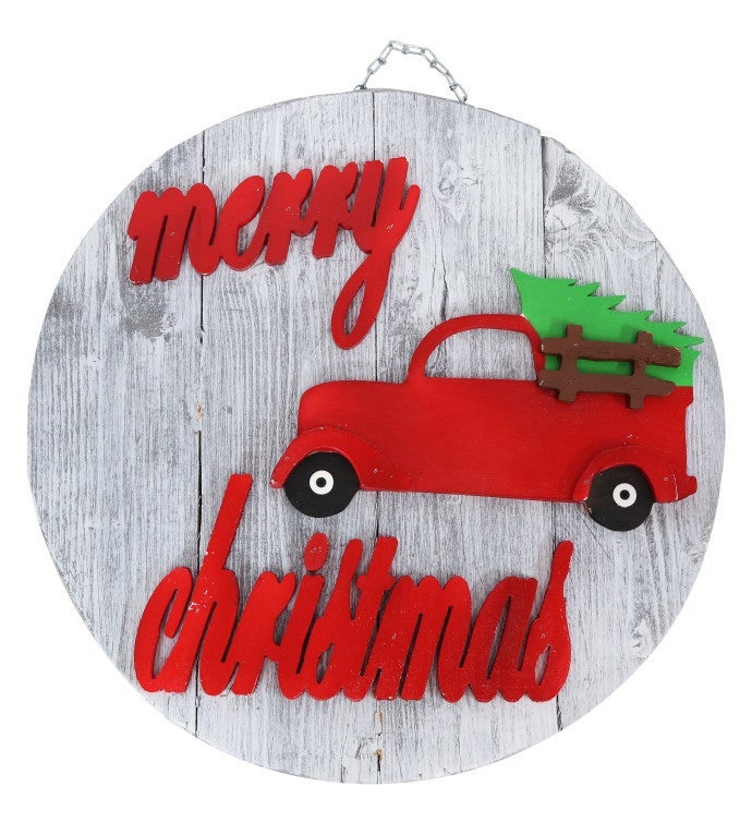 Weathered Wooden Merry Christmas Red Truck Sign   22"