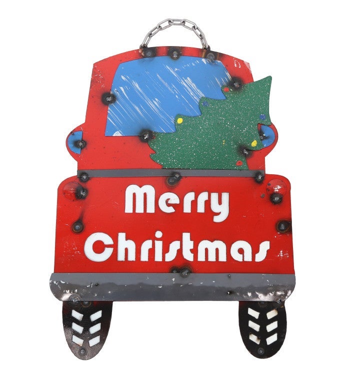 Merry Christmas Truck Metal Hanging Sign Decoration   21 inch