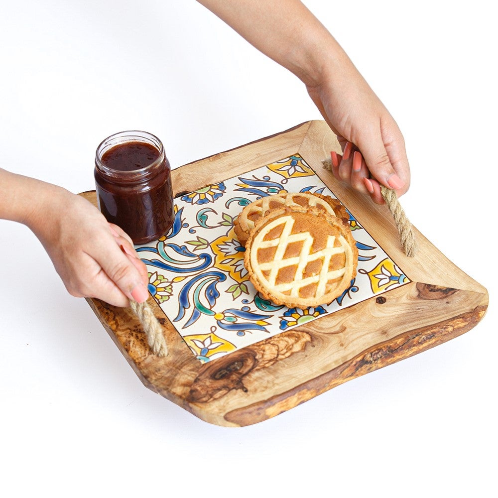 Ceramic Tile Tray With Rope Handles