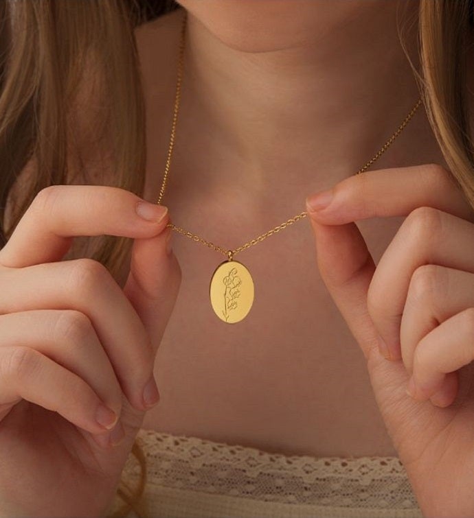 18k Gold Plated Oval Birth Flower Necklace