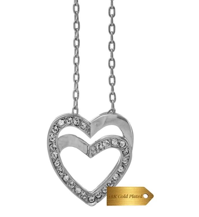 Matashi White Gold Plated Double Heart Pendant Necklace W Sparkling Crystal