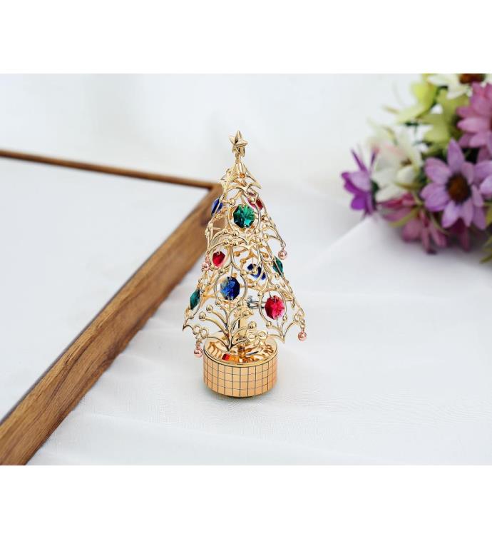 Matashi 24k Gold Plated Xmas Tree Wind up Music Box Plays  deck The Halls