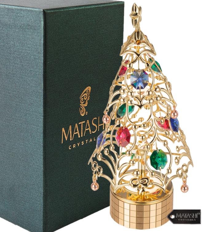 Matashi 24k Gold Plated Xmas Tree Wind up Music Box Plays  deck The Halls