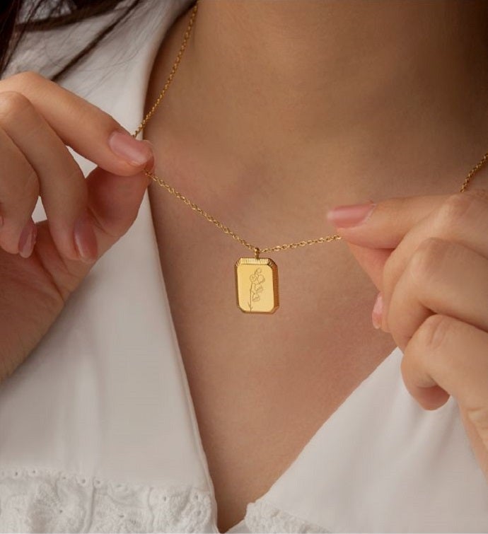 18k Gold Plated Rectangle Birth Flower Necklace