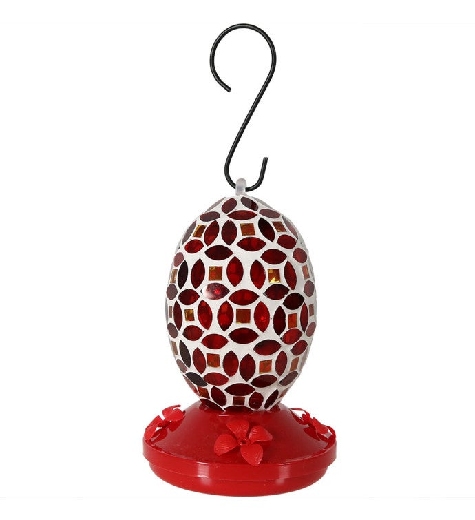 Hanging Hummingbird Feeder Outdoor Red Mosaic Glass Flower Design   7"