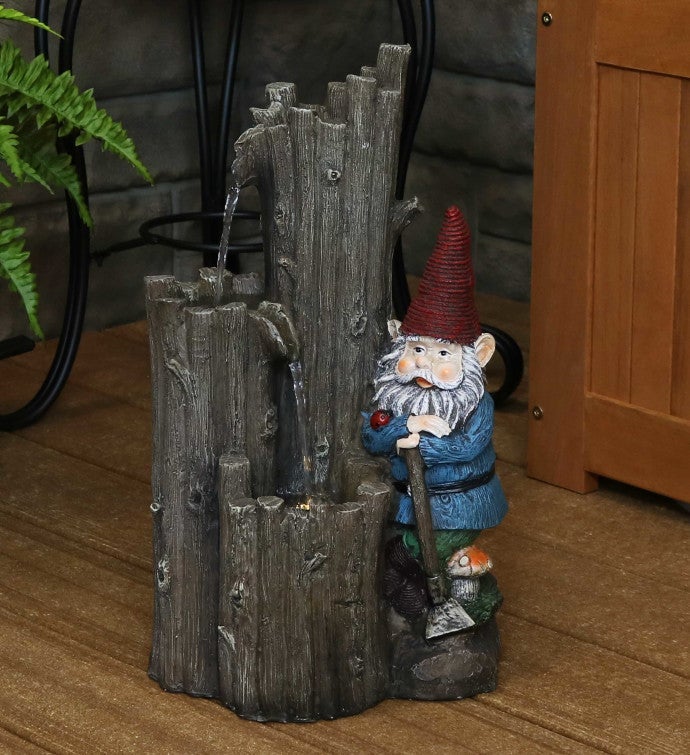 Resting Gnome Outdoor Water Fountain With Led Light - 17-inch